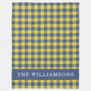 Retro Buffalo Plaid Yellow Blue Personalized Name Fleece Blanket