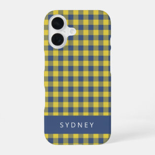 Retro Buffalo Plaid Yellow Blue Personalized Name iPhone 16 Case
