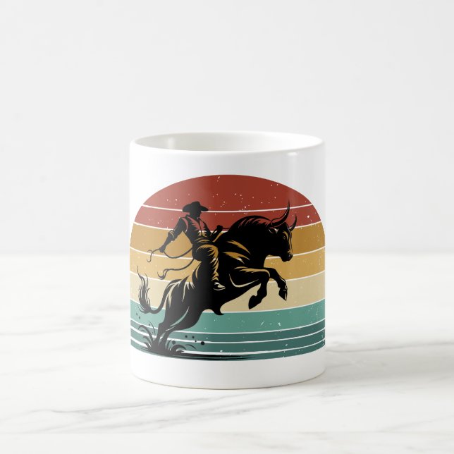 Retro Bull Riding Sunset Western Art Magic Mug (Center)