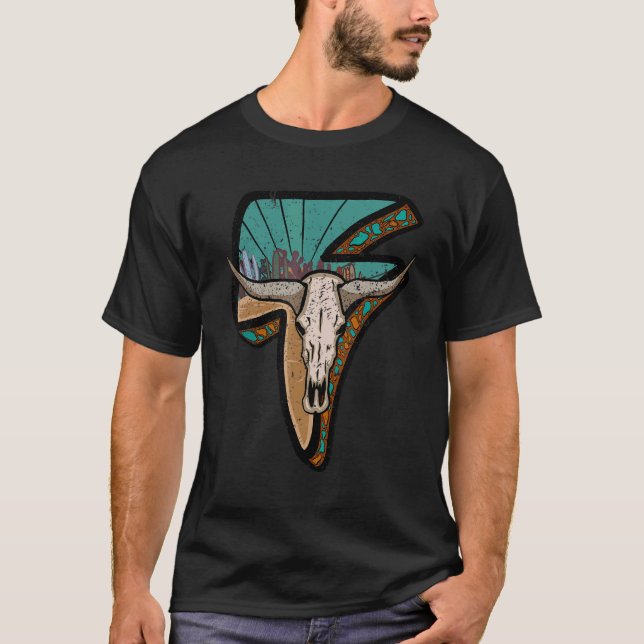 Retro Bull Skull Desert Lightning Bolt Western Cou T-Shirt (Front)