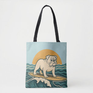 Retro Bulldog Surfer -Blue Coastal Surfing Dog Art Tote Bag