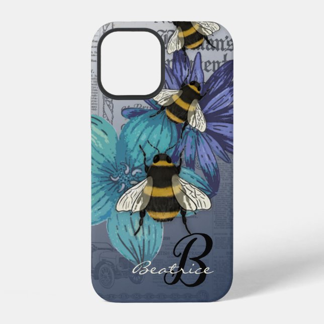 Retro Bumble Bee floral monogram iPhone Case (Back)