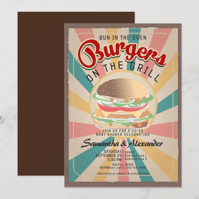 Retro Bun On The Oven Burger BBQ CO-ED Baby Shower Invitation (Front/Back)