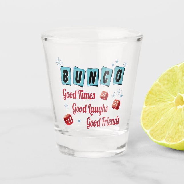 Retro Bunco Party Friends Shot Glass (Front)