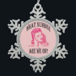 Retro Bunco Women What Number Are We On? Snowflake Pewter Christmas Ornament<br><div class="desc">Who has been to a Bunco party and has heard one of the Bunco players say "What Number Are We On?" ? Funny Bunco ornament features a retro women pondering what number she should be trying to get on the Bunco dice. Pink, black and white graphic art design features a...</div>