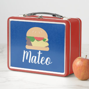 Retro Burger Blue Red Kids Name Metal Lunch Box