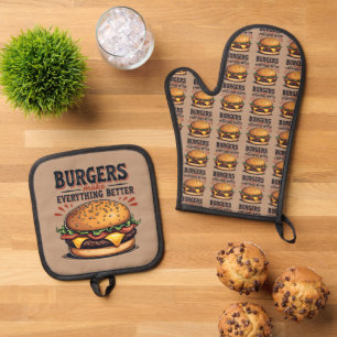Retro Burger Lover Vintage Typography Food Art Oven Mitt & Pot Holder Set