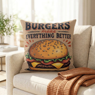 Retro Burger Lover Vintage Typography Food Art Throw Pillow