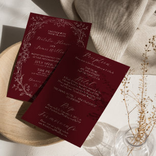 Retro Burgundy Floral Old Money All In One Wedding Invitation