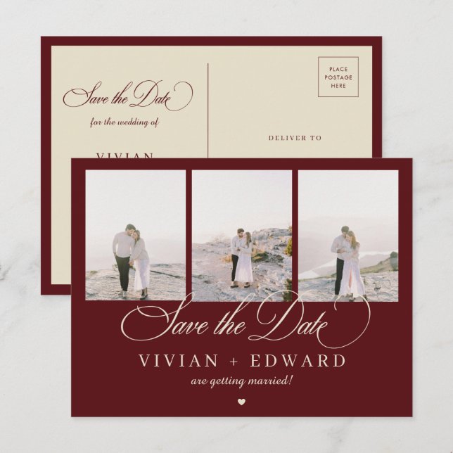 Retro Burgundy Ivory 3 Photo Collage Save The Date Postcard (Front/Back)
