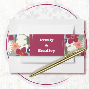 Retro Burgundy Summer Autumn Bold Floral Wedding Invitation Belly Band