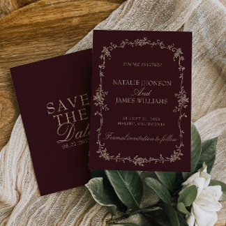 Retro Burgundy Tamarind Floral Old Money Wedding Save The Date