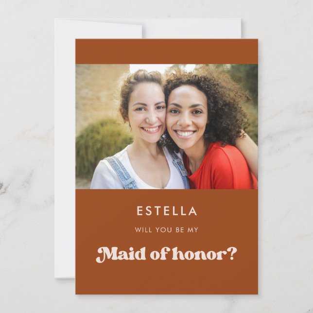 Retro burnt orange Maid of Honour proposal card (Front)