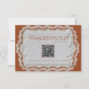 Retro Burnt Orange Terracotta Lace QR Code Wedding RSVP Card