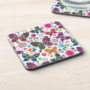 Retro Butterflies And Flowers Colourful Pattern Coaster