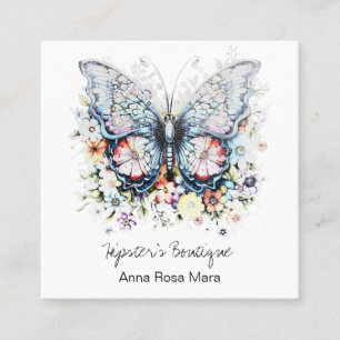 *~* Retro Butterfly AP57 Boho QR Floral Soft Square Business Card