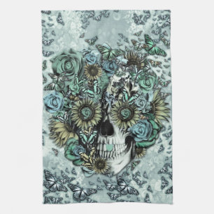 Retro butterfly rose skull kitchen towel