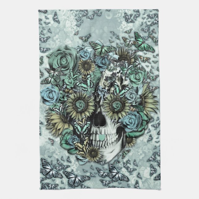 Retro butterfly rose skull kitchen towel (Vertical)