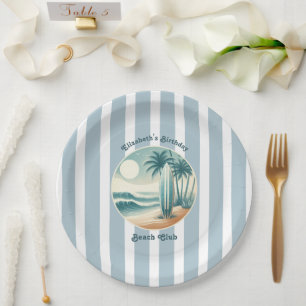 Retro Cabana Stripes Beach Club Surfboard Birthday Paper Plate