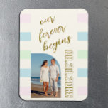 Retro Cabana Stripes Wedding Magnet<br><div class="desc">Our forever beings! Retro pink,  green and blue cabana stripes,  with beige and brown tones for a summer,  beach or destination wedding. Photo template via Pixabay licensed under CC0 and must be replaced with your own photo</div>