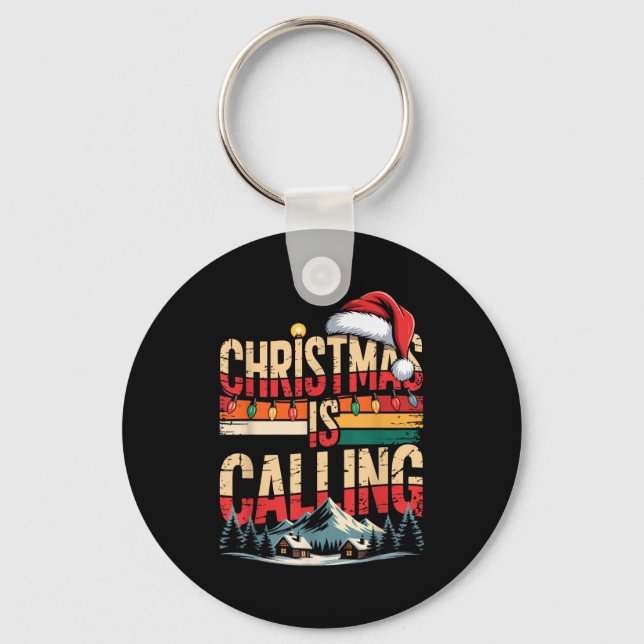 Retro Cabin Snowy Christmas Calling Lights Holiday Keychain (Front)
