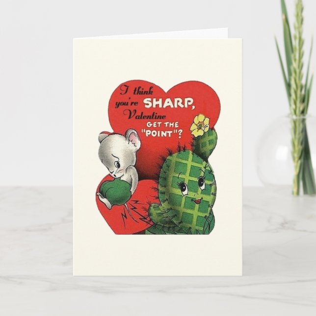 Retro Cactus and Mouse Valentine Greeting Card (Front)