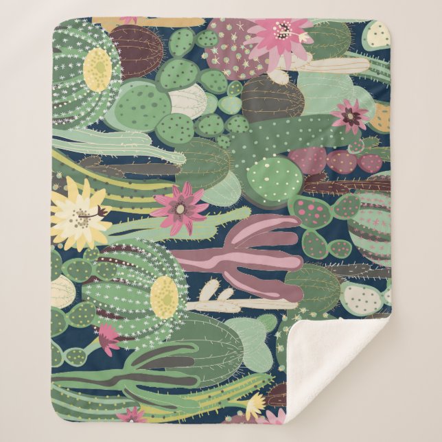 Retro Cactus Design: Seamless Fabric Texture Sherpa Blanket (Front)