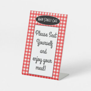 Retro Cafe Red Gingham Please Seat Yourself Pedestal Sign