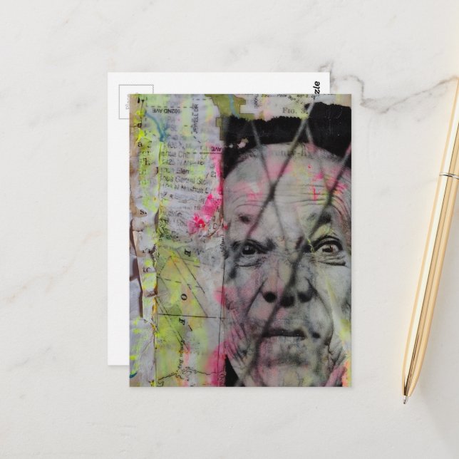 retro caged man junk journal Mixed Media Collage Postcard (Front/Back In Situ)