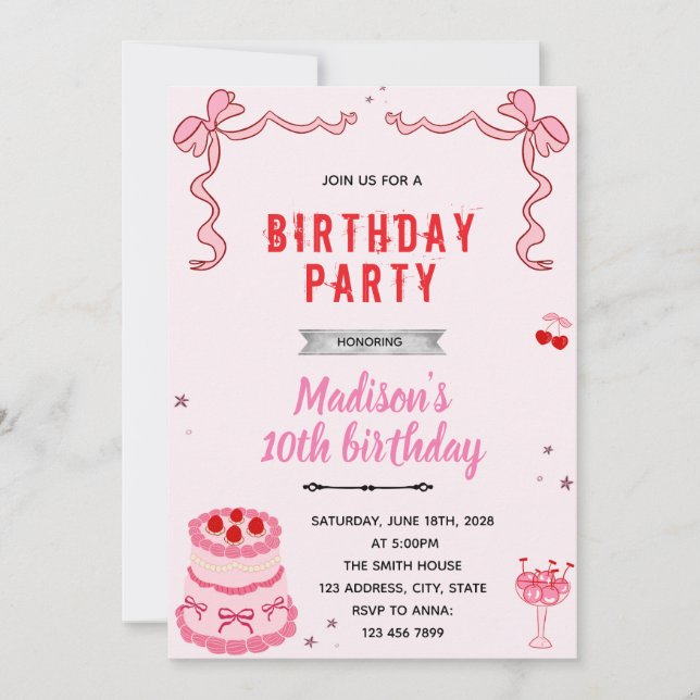 Retro cake birthday party invitation (Front)