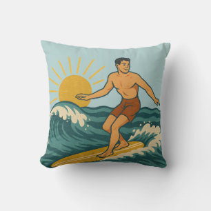Retro Cali Surfer Reversible Surfboard Print Blue Throw Pillow