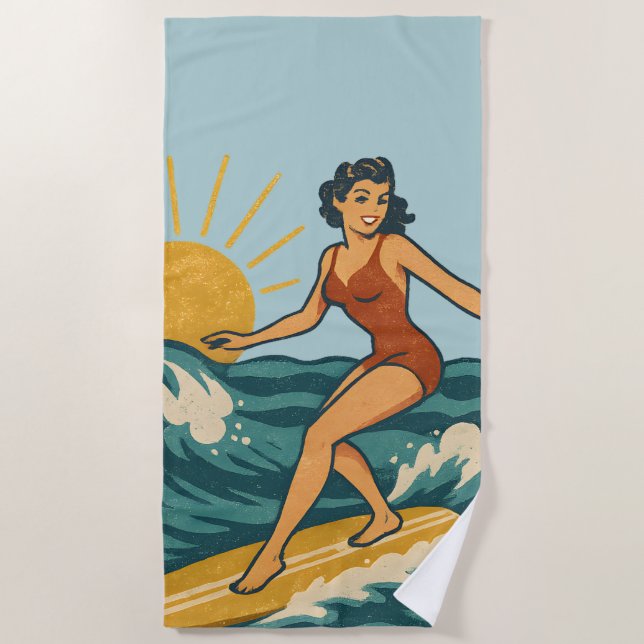 Retro California Pin-Up Surfer Blue Coastal Print Beach Towel (Front)