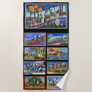 Retro California Postcard Cities Beach Towels