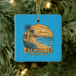 Retro California Sunset Beach Scene Ceramic Ornament
