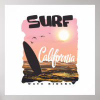 Retro California Surf Sunset & Waves Graphic Art