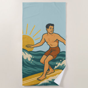 Retro California Surfer Blue Coastal Surfing Print Beach Towel