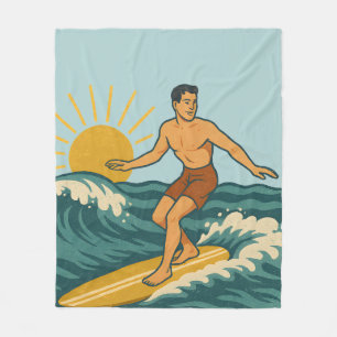 Retro California Surfer Blue Coastal Surfing Print Fleece Blanket