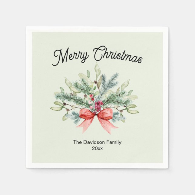 Retro Calligraphy Merry Christmas Family Greenery Napkin (Front)