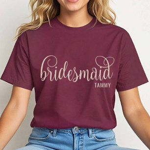 Retro Calligraphy Natural on Maroon Bridesmaid T-Shirt