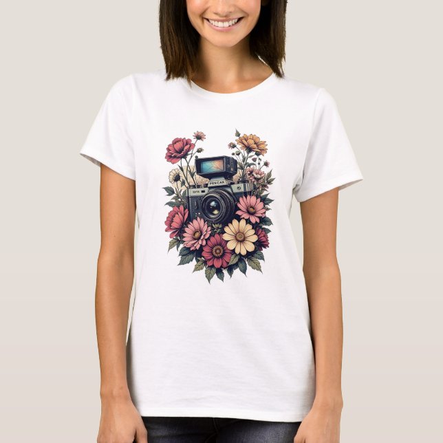 Retro Camera and Floral Art   T-Shirt (Front)