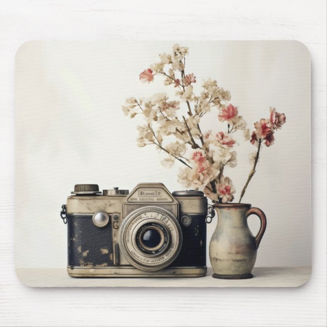 Retro Camera Flowers Mouse Pad (Front)