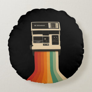 Retro Camera with Rainbow Print Round Pillow