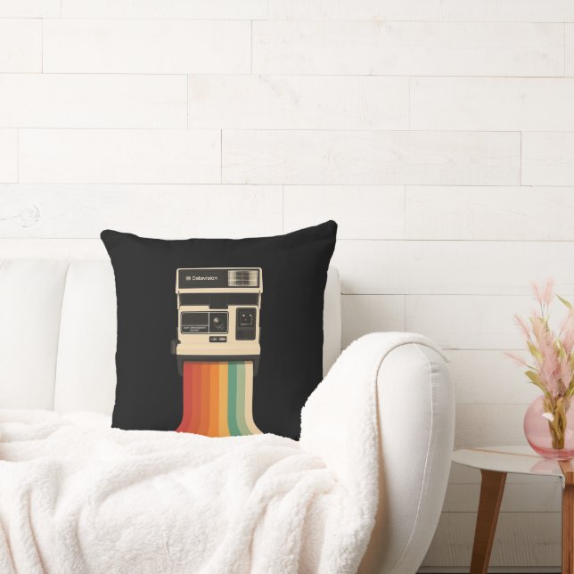 Retro Camera with Rainbow Print Throw Pillow (Couch)