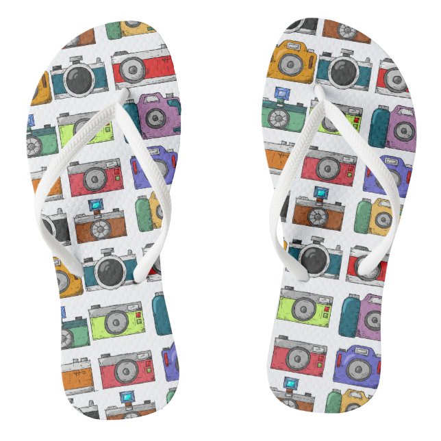 Retro Cameras Colourful Illustrated Pattern Photo Flip Flops (Footbed)