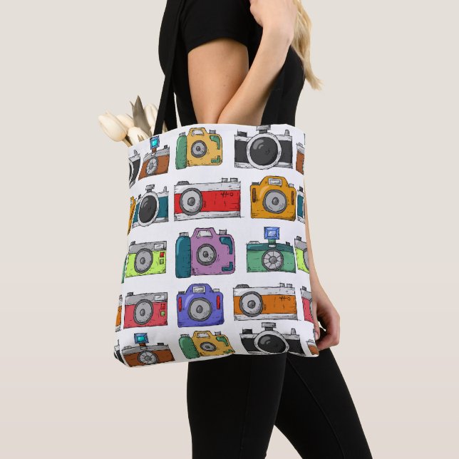 Retro Cameras Colourful Illustrated Pattern Photo Tote Bag (Close Up)