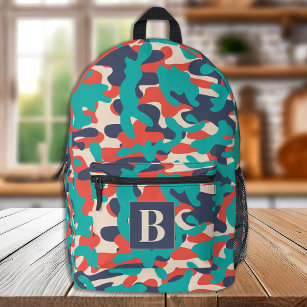 Retro Camo Teal Orange Blue Personalize Camouflage Printed Backpack