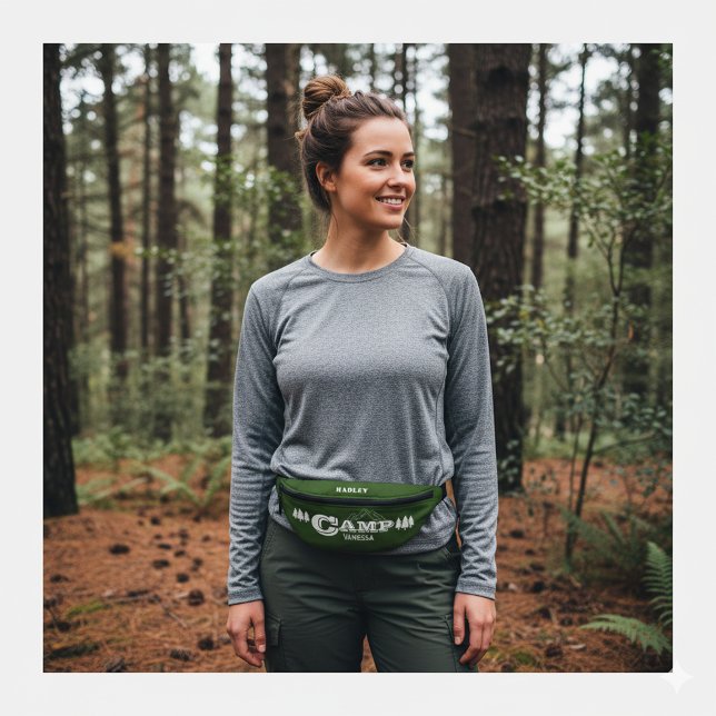 Retro Camp Bach Personalized Forest Green Fanny Pack (Camp Bachelorette Fanny Pack personalized with the bride's name. Pine Tree and Mountain accents)