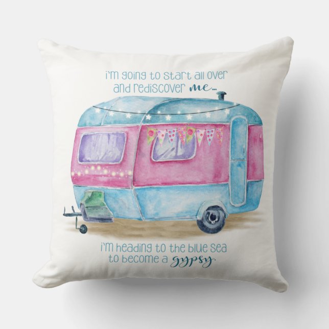 Retro Camper Caravan Blue, Pink and White Cushion (Front)