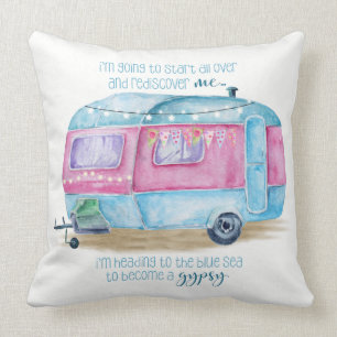Retro Camper Caravan Blue, Pink and White Cushion