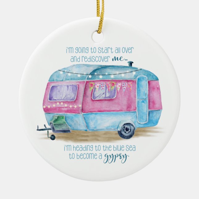 Retro Camper Caravan Blue | Pink & White Glamper Ceramic Ornament (Front)